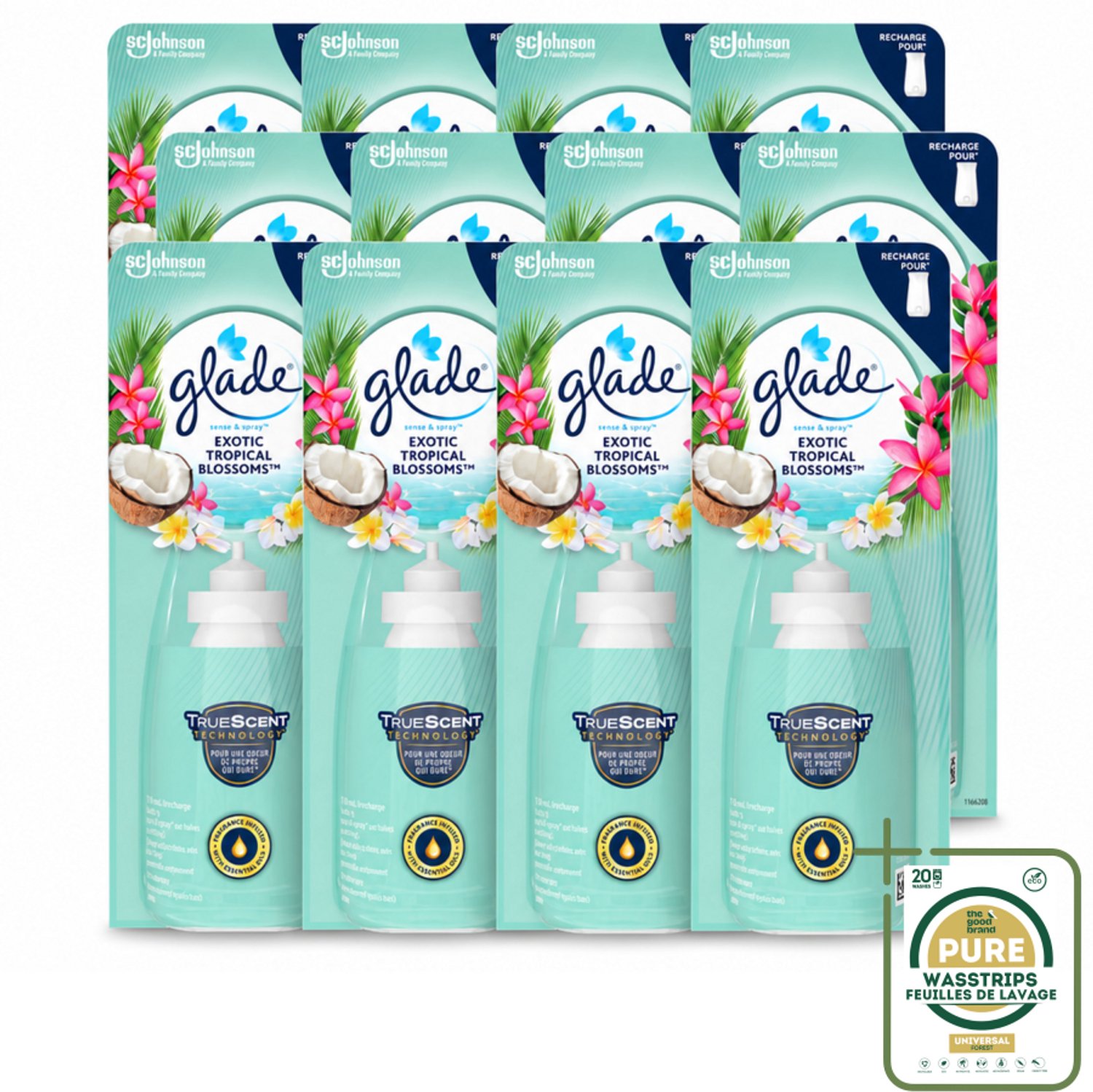 12 x Glade – Sense & Spray Navulling – Exotic Tropical Blossoms – 18 ml - Wasstrips - Tropische Geur - Luchtverfrisser Met Bewegingssensor - Kokos En Bloemen - Exotische Geur - Luchtverfrisser