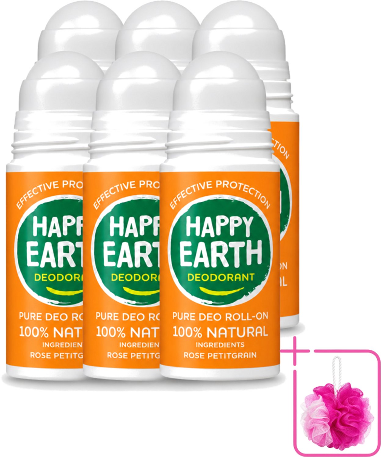 6 x Happy Earth – Deodorant Roll-On – 100% Natuurlijk Rose Petitgrain – 75 ml - Bulkverpakking - Natuurlijke deodorant - Roll-on deodorant