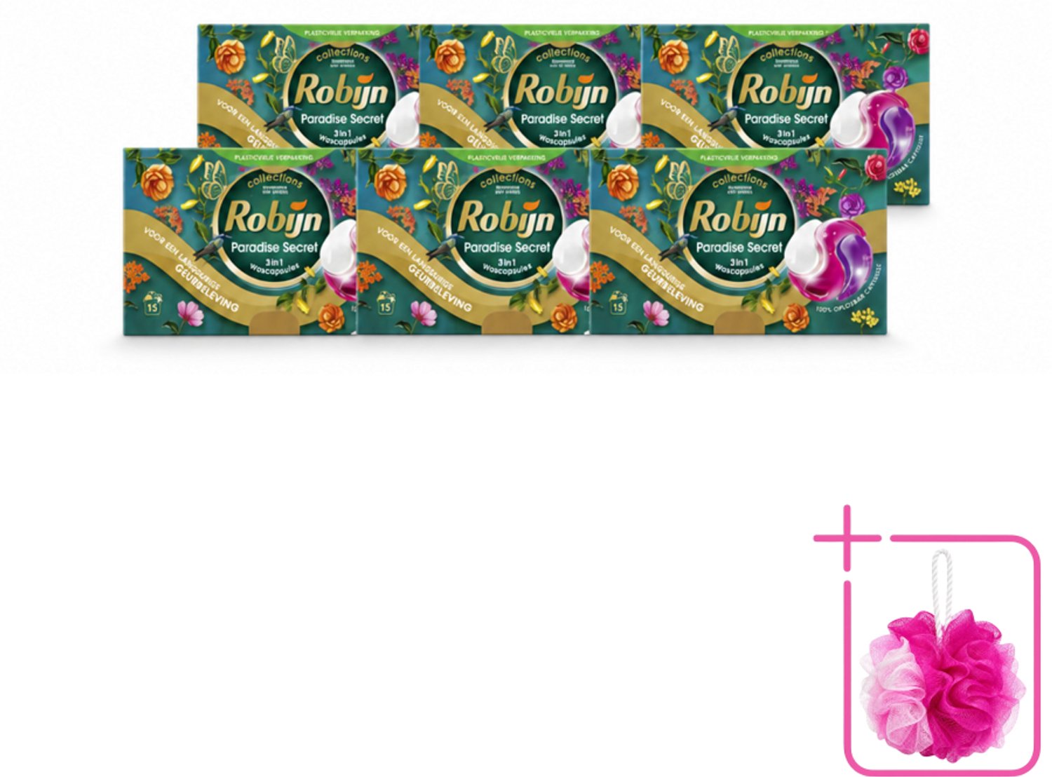6 x Robijn – 3-in-1 Wascapsules – Paradise Secret - 15 Capsules - Bulkverpakking - Wascapsules - Douchemop - Kleurbescherming