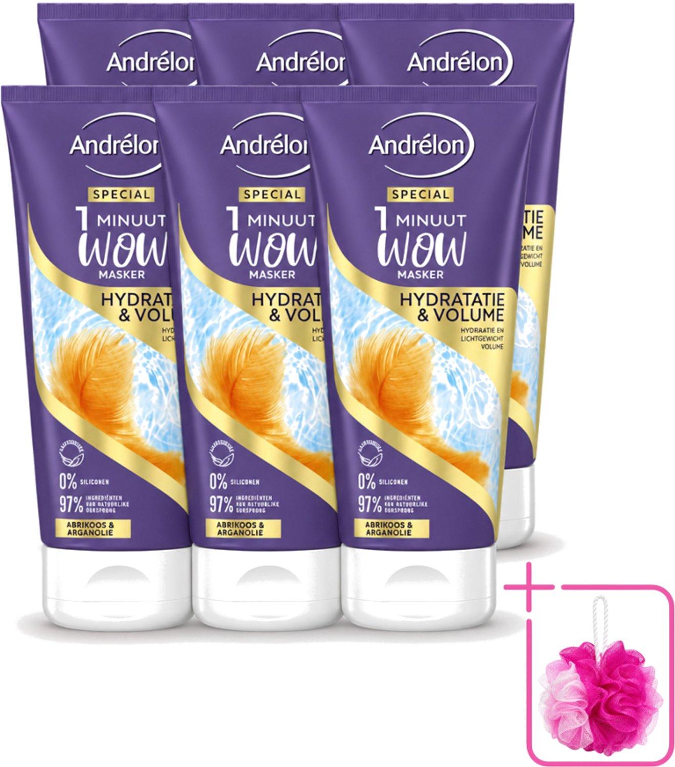 6 x Andrélon - WOW - 1 Minuut Masker - Hydratatie & Volume - 180 ml - Bulkverpakking - 1 minuut masker - Douchemop - Hydratatie haar