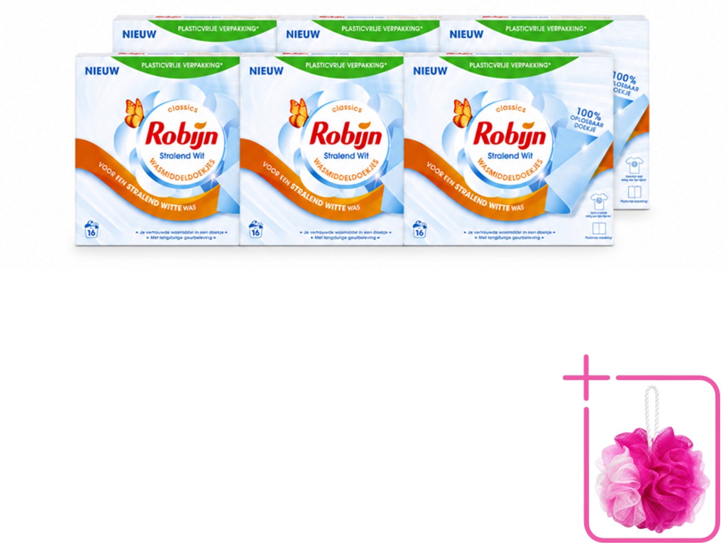 6 x Robijn Classics - Stralend Wit - Wasmiddeldoekjes - 16 Wasstrips - Bulkverpakking - Wasmiddeldoekjes - Douchemop - Stralend Wit