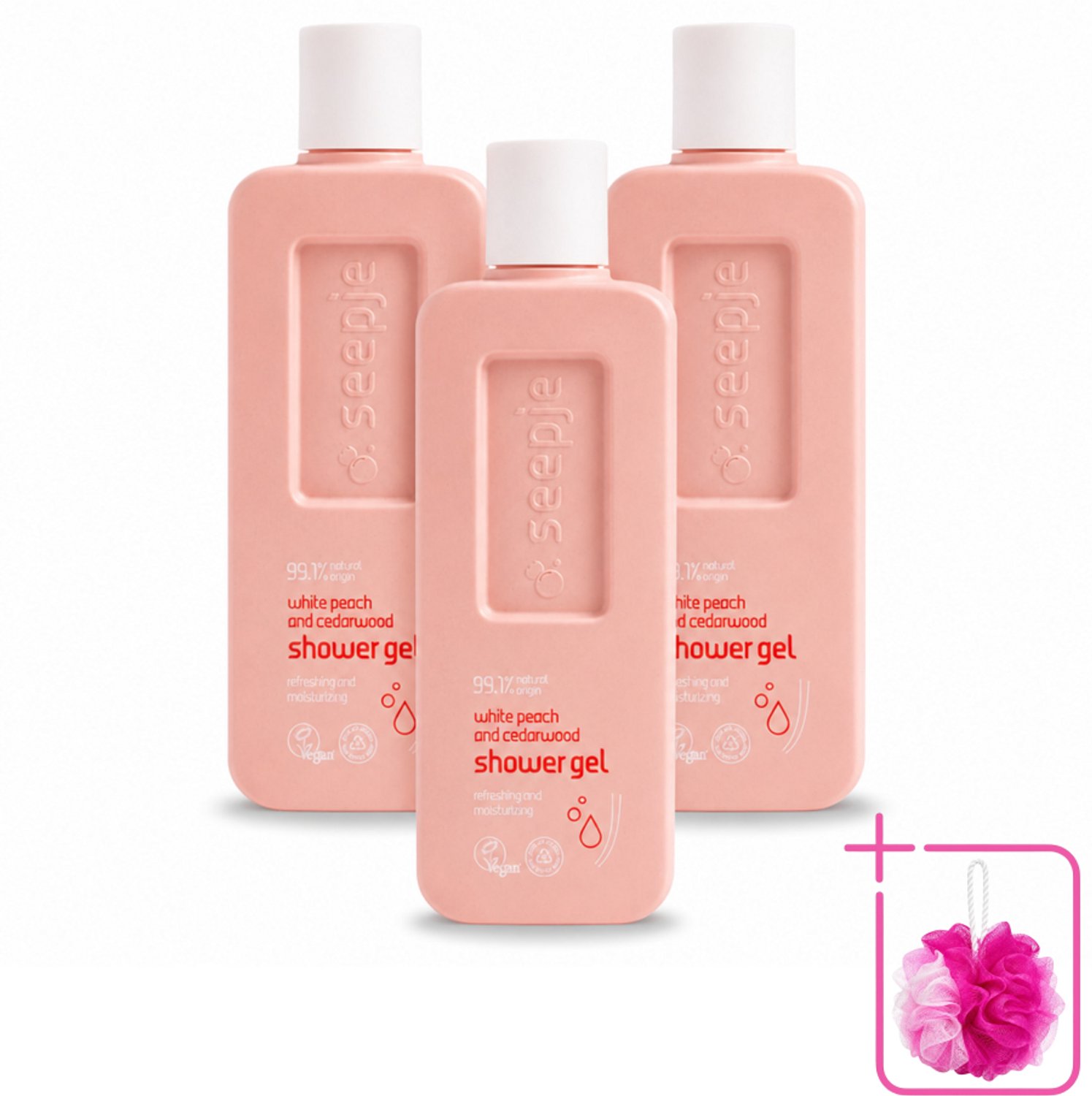 3 x Seepje - Douchegel - Natuurlijke Geur - Witte Perzik en Cederhout - 300 ml - Bulkverpakking - Douchegel - Douchemop - Natuurlijke douchegel