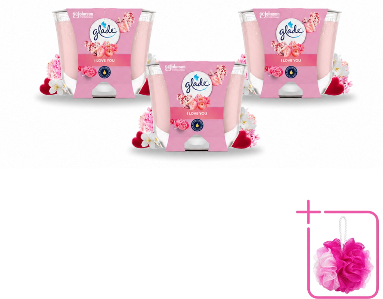 3 x Glade - Geurkaars I Love You - 100% Raapzaadwas - 204 g - Bulkverpakking - Geurkaars - Douchemop - Romantische geur