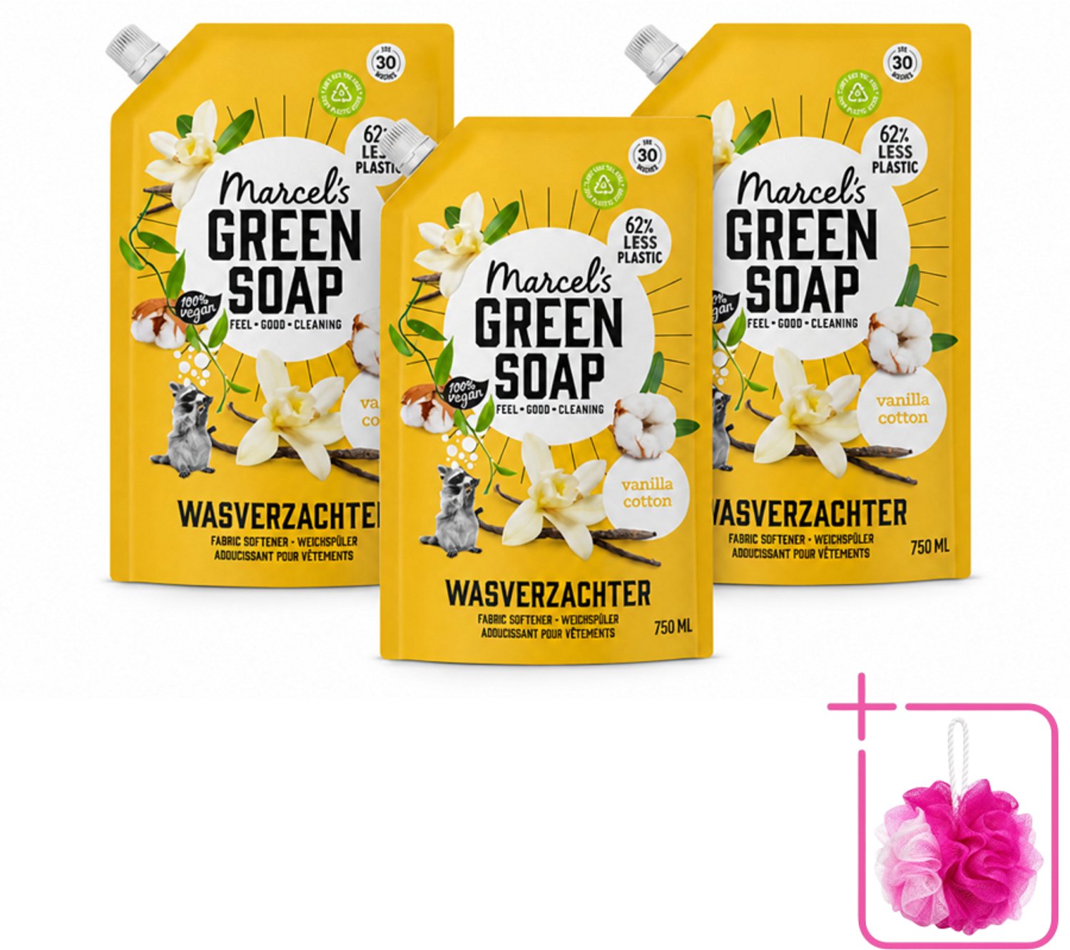 3 x Marcel's Green Soap - Wasverzachter - Navulling - Katoen & Vanille - Zachte frisheid- 30 Wasbeurten - 750 ml - Bulkverpakking - Wasverzachter - Douchemop - Wasgoed zachter maken