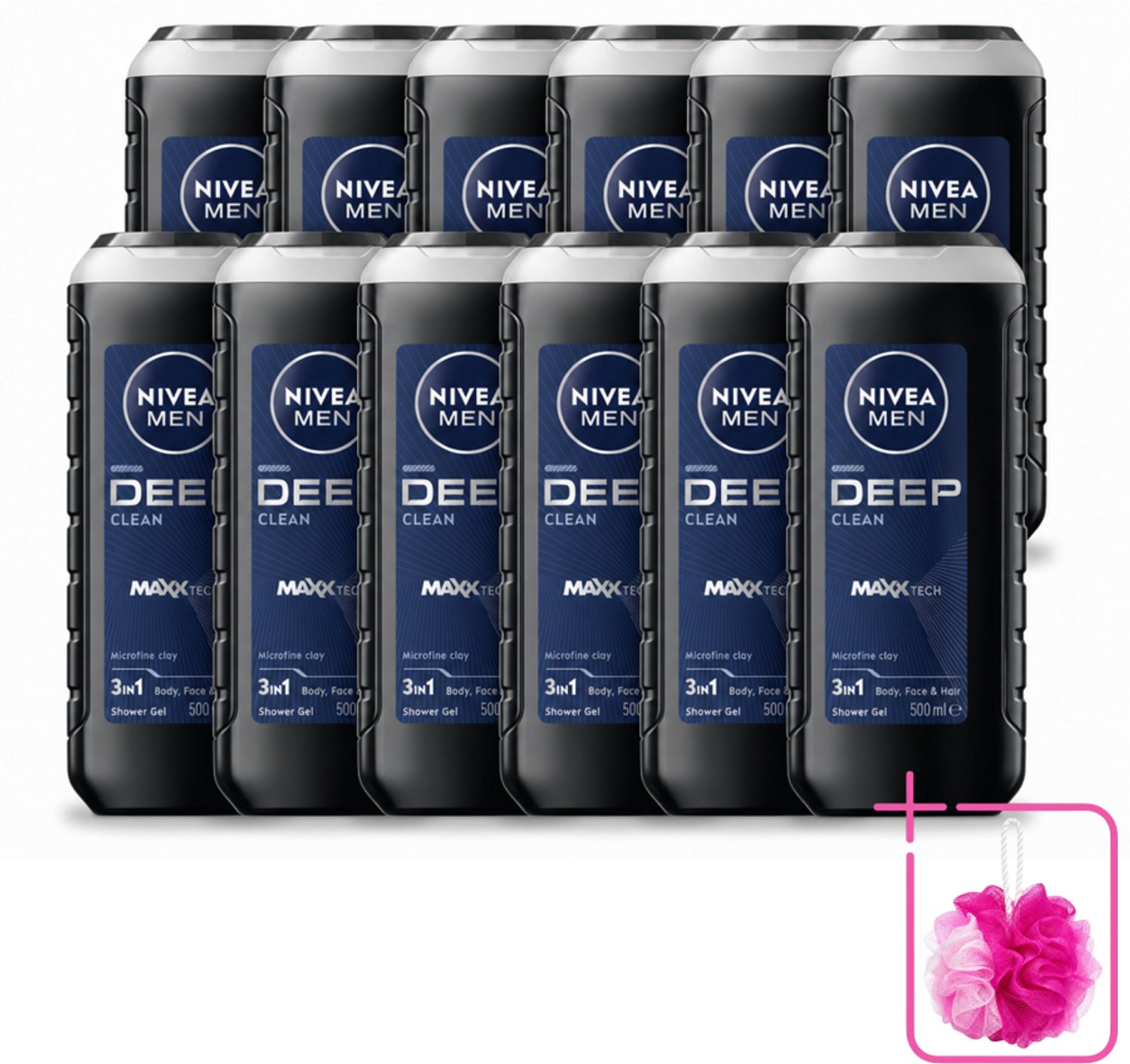 12 x NIVEA MEN - Douchegel - Deep Clean 3-in-1 - 500 ml - Bulkverpakking - Diepe reiniging - Douchemop - Microklei