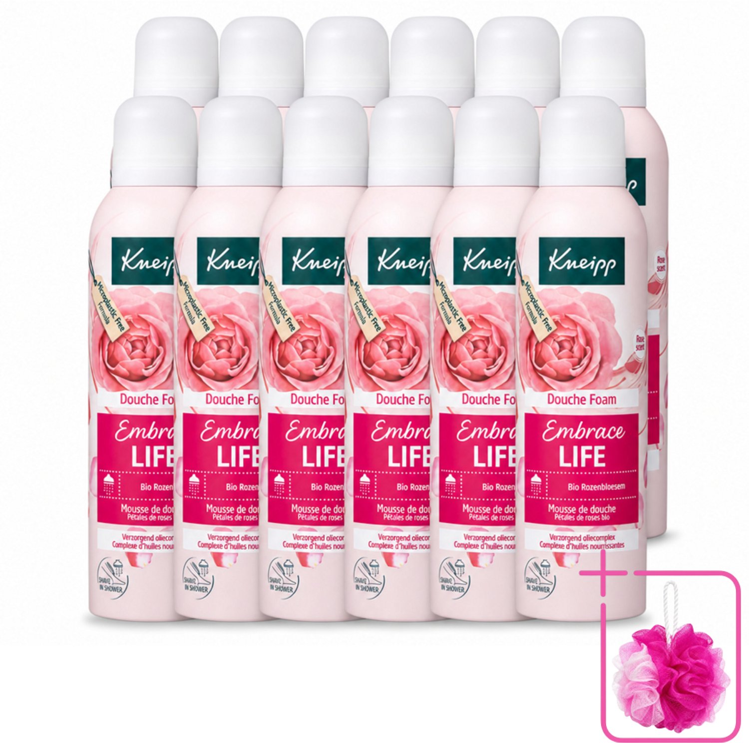 12 x Kneipp - Douche schuim - Embrace Life - Anti‑Aging verzorging - 200 ml - Bulkverpakking - Douche foam - Douchemop - Roze schuim
