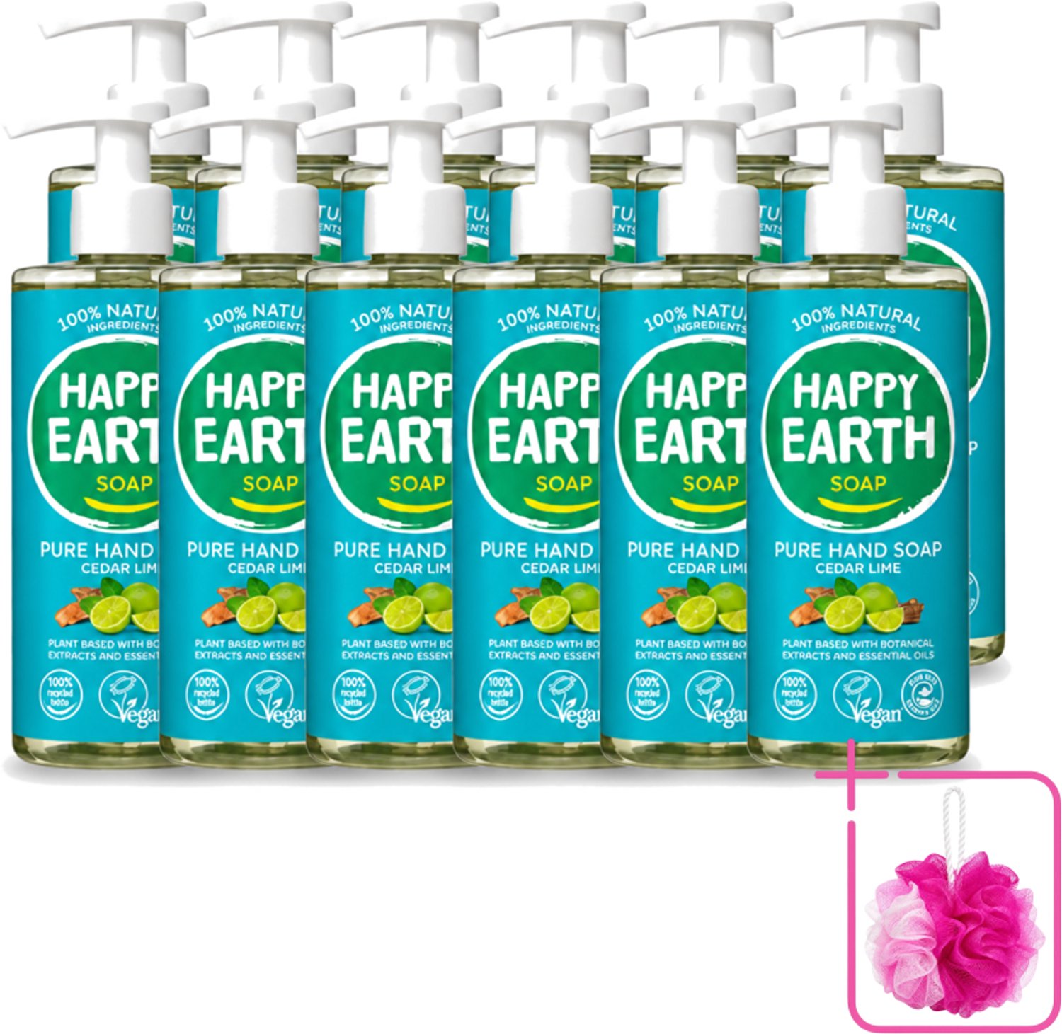 12 x Happy Earth – Handzeep – 100% Natuurlijk Cedar Lime – 300 ml - Bulkverpakking - Natuurlijke handzeep - Douchemop - Vegan handzeep