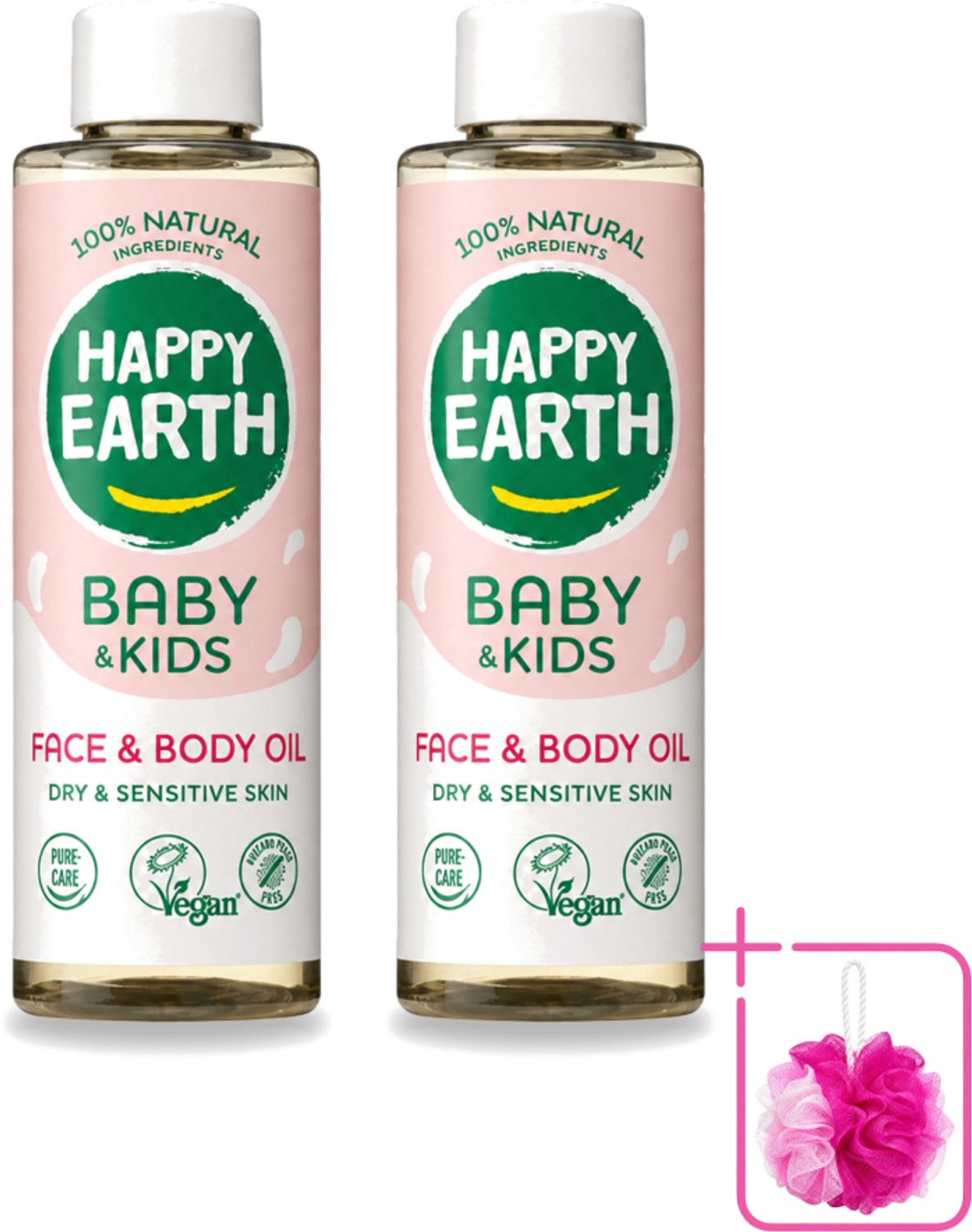2 x Happy Earth – Face & Body Oil – 100% Natuurlijk Baby & Kids – 150 ml - Bulkverpakking - Babyolie - Douchemop - Gezichtsolie
