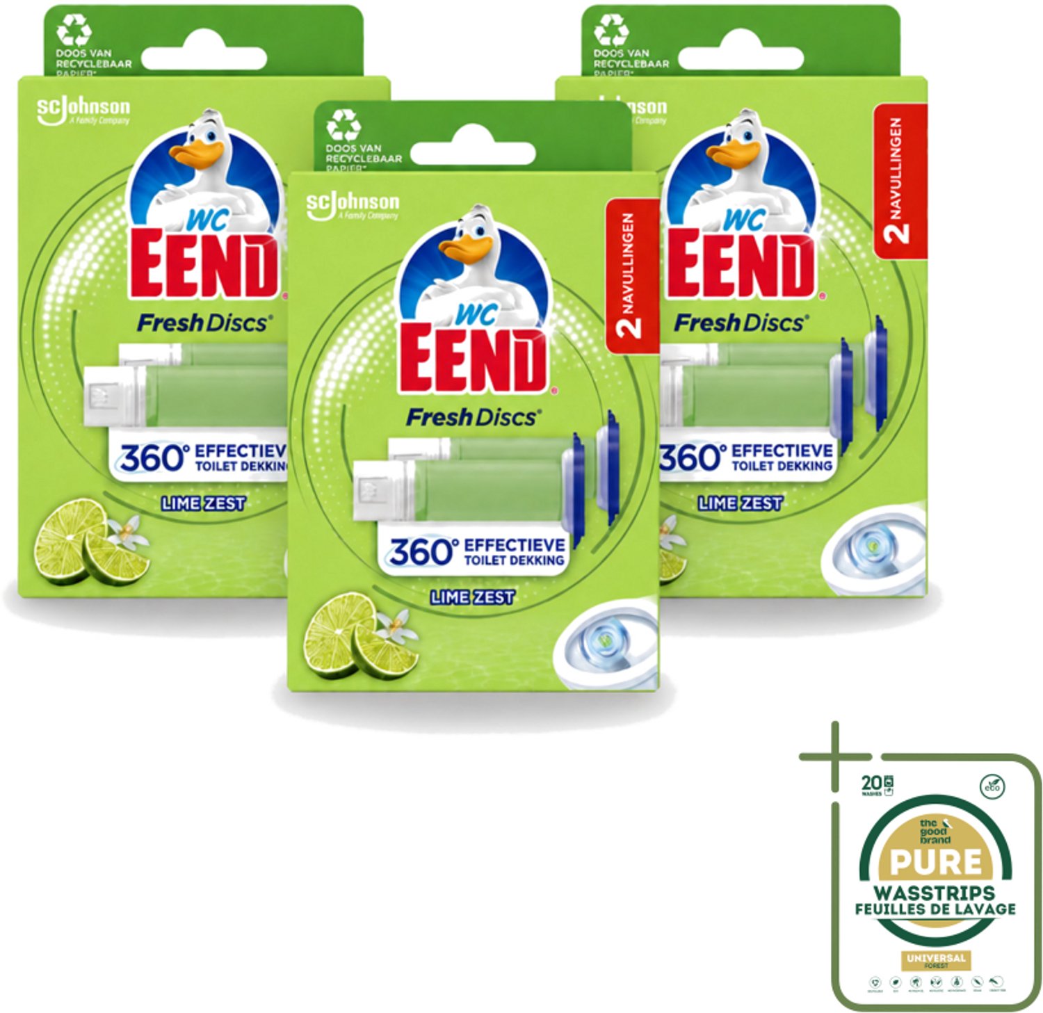 3 x WC Eend – Fresh Discs – Duo Navulling – Lime Zest – 72 ml - Wasstrips - Toilet Reinigen - Toilet Hygiëne - Toilet Blok - Toilet Navulling - Toilet Frisheid