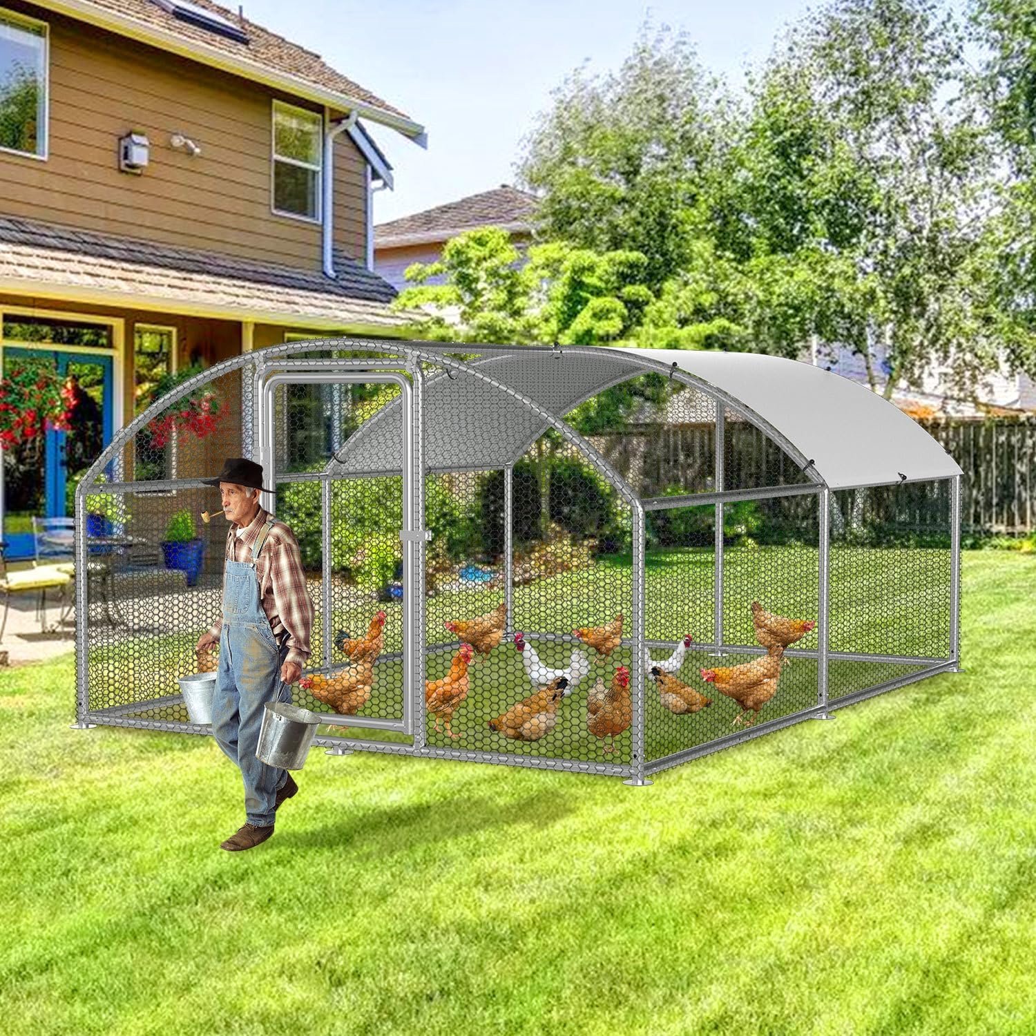 Kippenren buitenren 3 x 4 x 2 m, kippenhok, koepel, dak, verzinkt staal, gevogeltestal voor kippen, konijnen, ganzen en duiven en kwartels, metalen ren met net