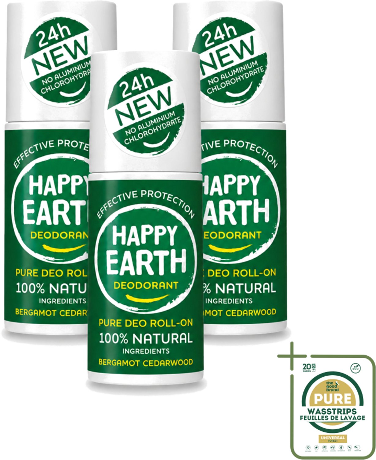 3 x Happy Earth – Deodorant Roll-On – 100% Natuurlijk Bergamot Cedarwood – 75 ml - Natuurlijke Deodorant - Bergamot - Cederhout - Roll-on Deodorant - 24 Uur Geurbeleid