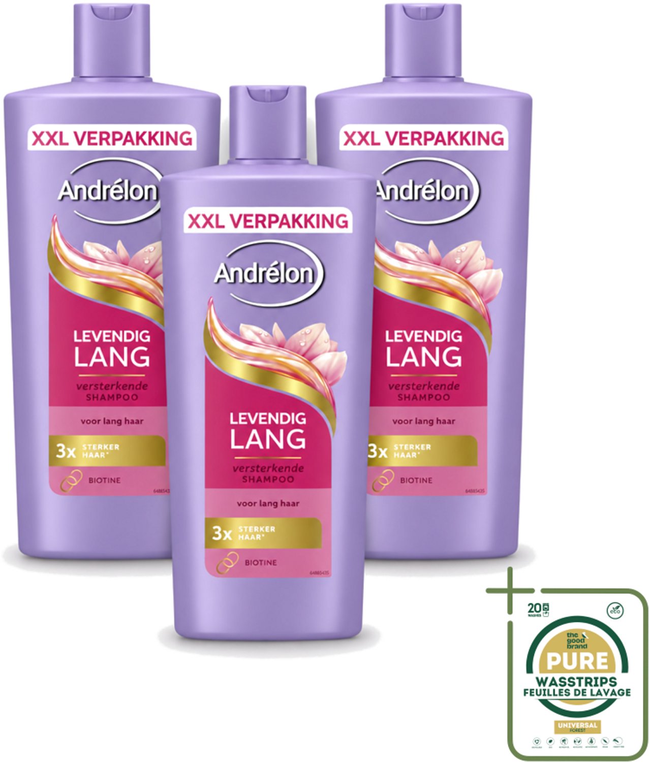3 x Andrélon – Shampoo – Levendig Lang – 685 ml - Wasstrips - Lang Haar Verzorging - Versterkend Haar Shampoo - Biotine Shampoo - Gezond Lang Haar - Beschadigd Haar Versterken