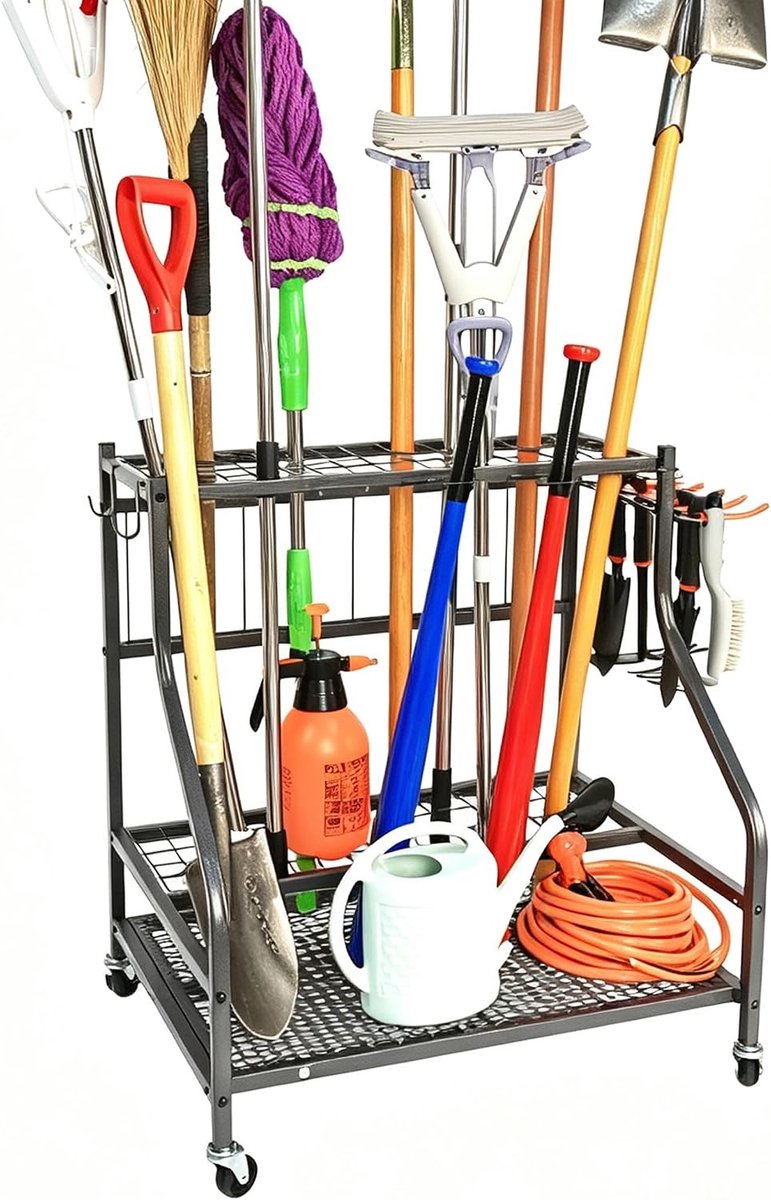 Tuingereedschap Organizer - Zwart - 71,4 x 55,1 x 72,4 cm - 3-laags Metalen Opbergrek met Haken en Wielen - Voor Tuin en Garage