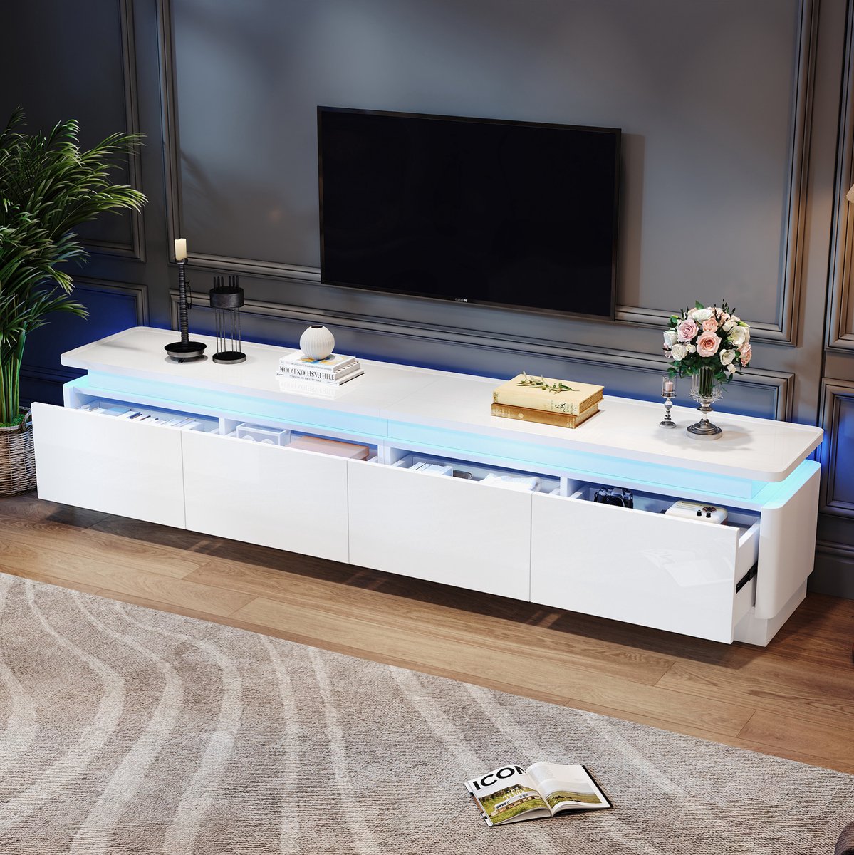 MODENUIT TV-meubel - Hoogglans Met LED En 4 Lades - Voor Woonkamer - Spaanplaat - Wit - 180x34x40 Cm