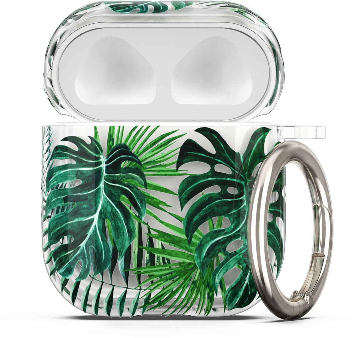 kwmobile Hoes compatibel met Apple Airpods 1 & 2 Case - Zachte TPU beschermhoes - Cover in groen / transparant Tropische planten design