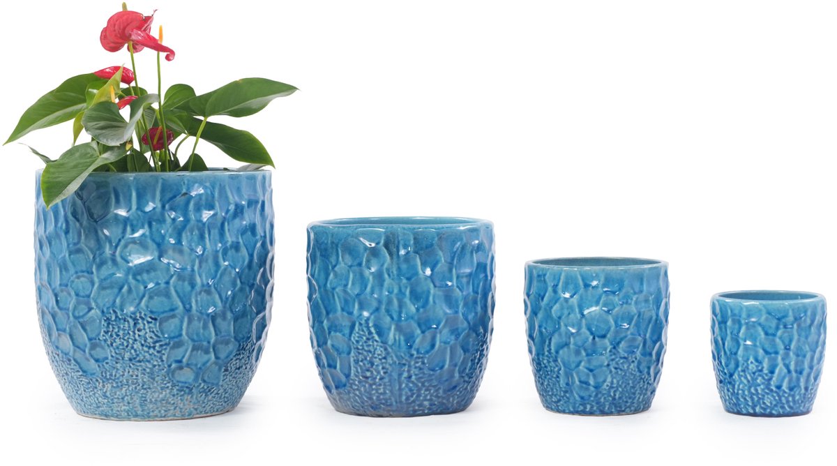 Bloempot – Ø30 Cm – Glanzend Blauw – Keramiek – Rond – Voor Binnen En Buiten – Met Afvoergaatje En Hammerschlag Reliëf