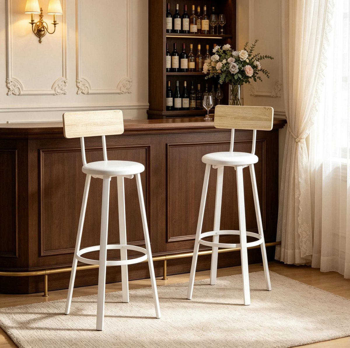 REDOM - Barkrukken set van 2 - Met rugleuning en voetsteun - Gepolsterde zitting - Industriële stijl - Keukenbar - Metaal en MDF - Wit en Eik - 41,5 x 36,5 x 99,5 cm