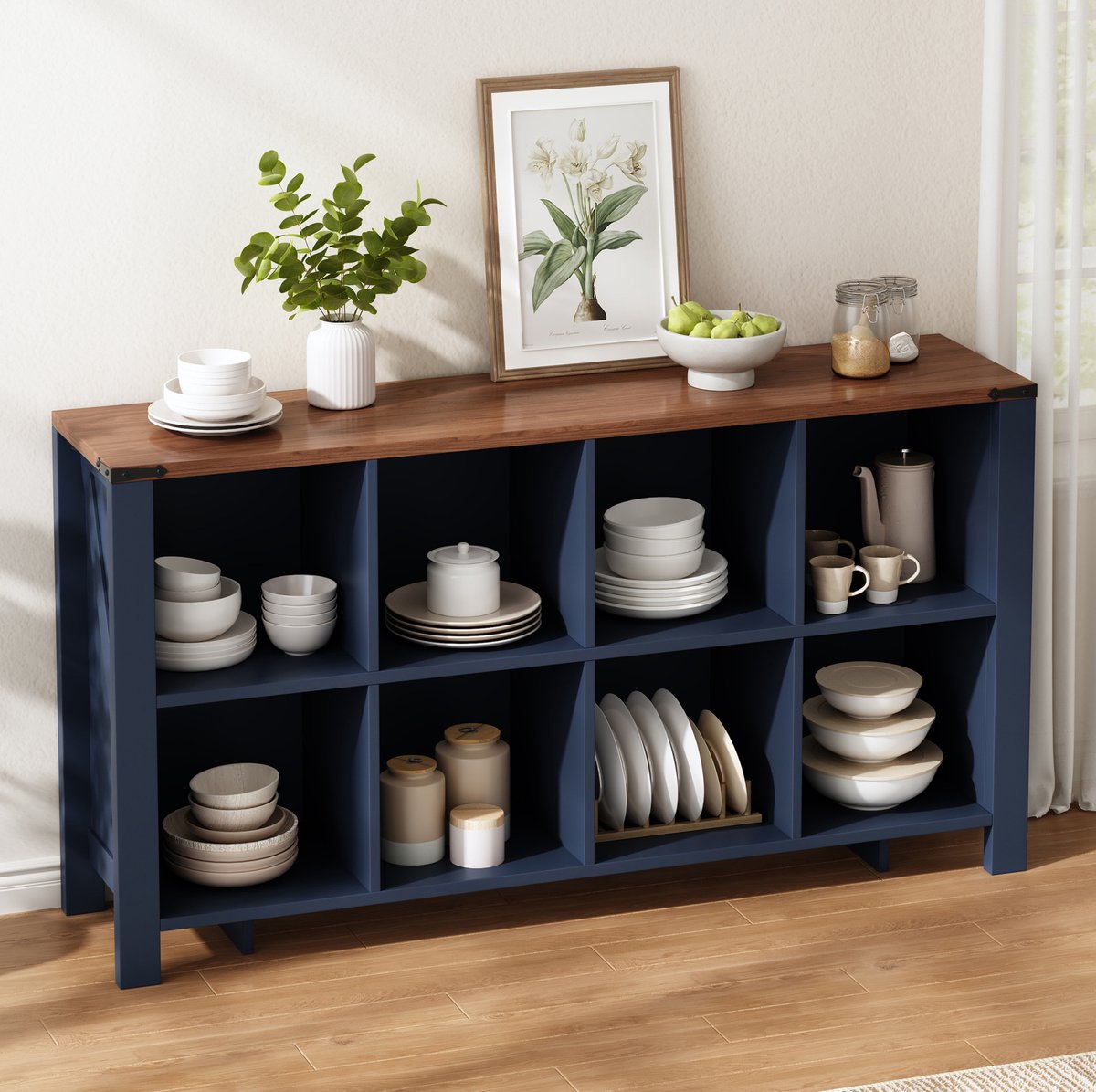 OKWISH Dressoir - Open Vakkenkast Met 8 Vakken - 140 x 34 x 75 cm - Voor Keuken Woonkamer En Eetkamer - MDF Blauw En Bruin