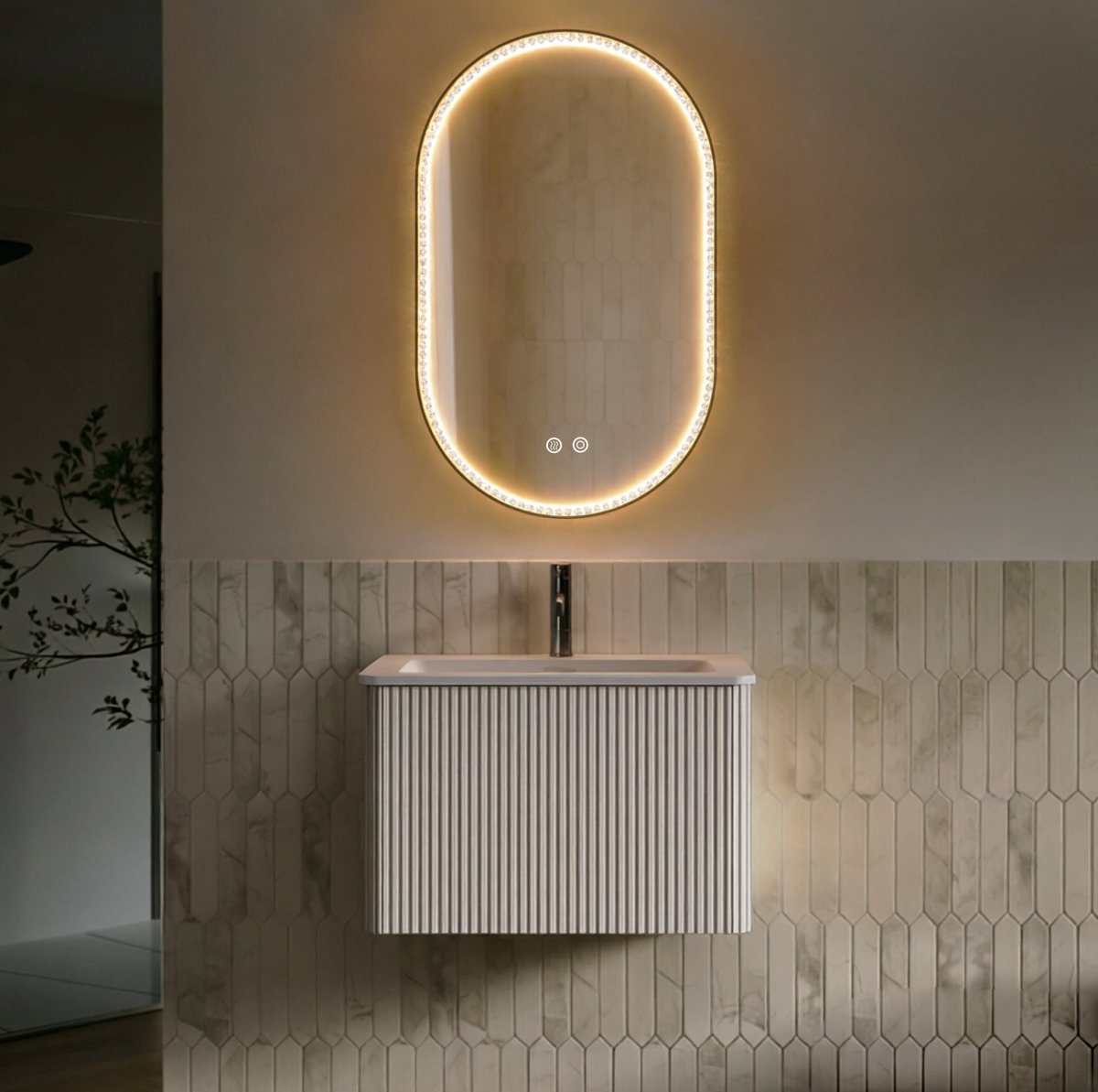 REDOM - Badkamermeubelset - Wandgemonteerd - Met LED-spiegel en geïntegreerde wastafel - Verticale ribbelstructuur - Badkamer - MDF en glas - Wit - 60 cm