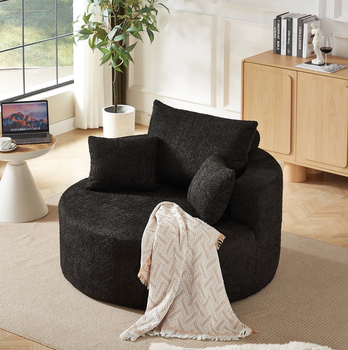 Wishdor Fauteuil - Chenille bekleding - Zonder montage - Moderne loungestoel - Woonkamer slaapkamer lounge presentatieruimte - Stof - Zwart - 127 x 127 x 82 cm