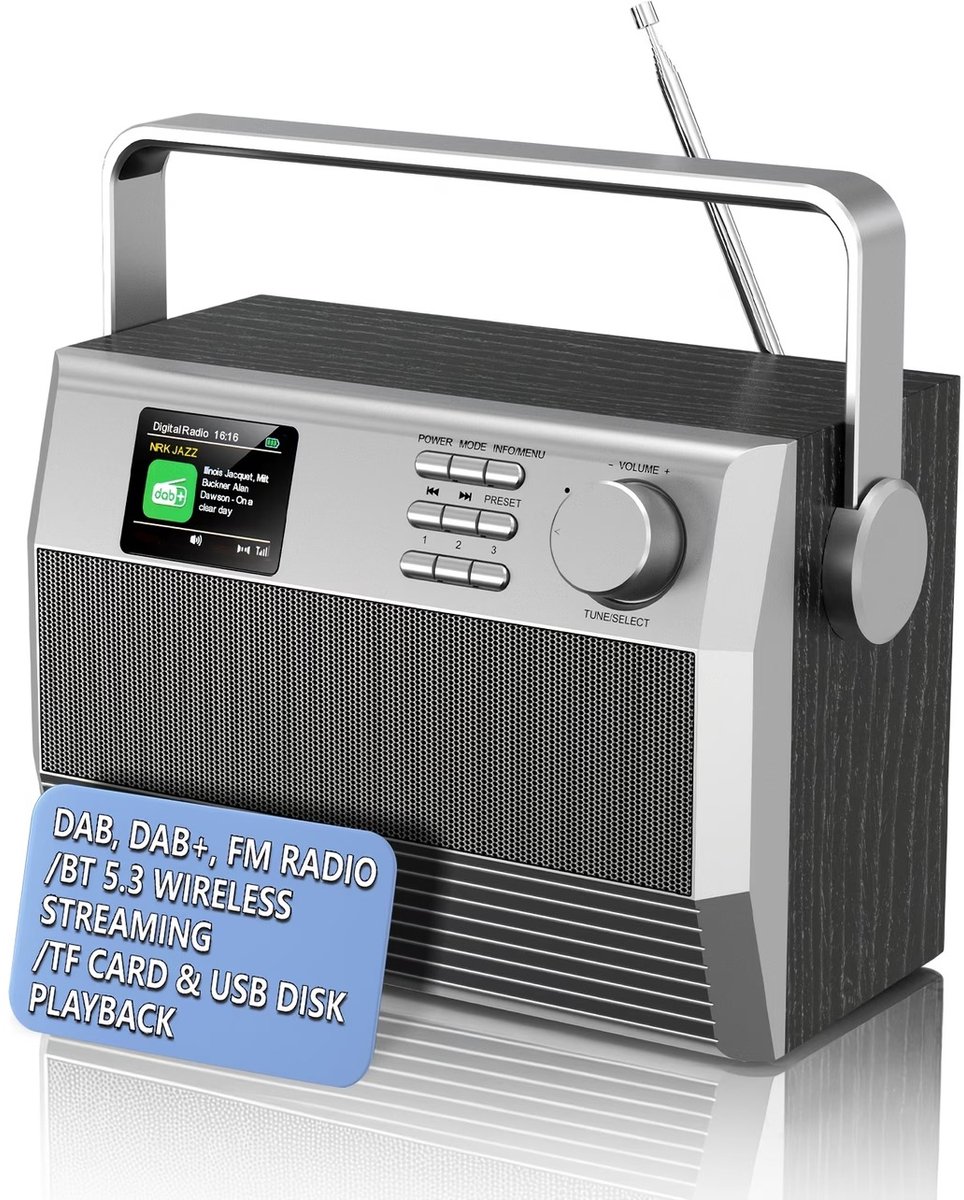 Draagbare DAB DAB+ FM Digitale Radio, Draadloze Audio Streaming Speaker, 7.11cm TFT LCD Display, TF Kaart & USB Schijf Afspelen, Dubbele Wekker met Snooze, Slaaptimer, 80 Preset Stations, donkergrijs