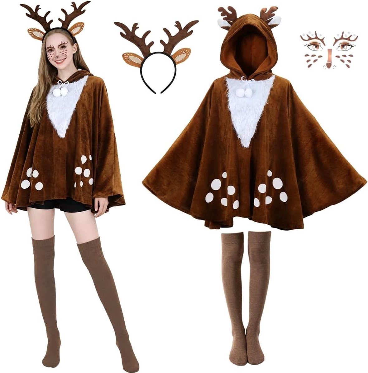 Dames Kostuum voor Carnaval met Hertenthema, Inclusief Cape, Sokken, Hoofdband en Gezichtsdecoratie voor Halloween en Cosplay
