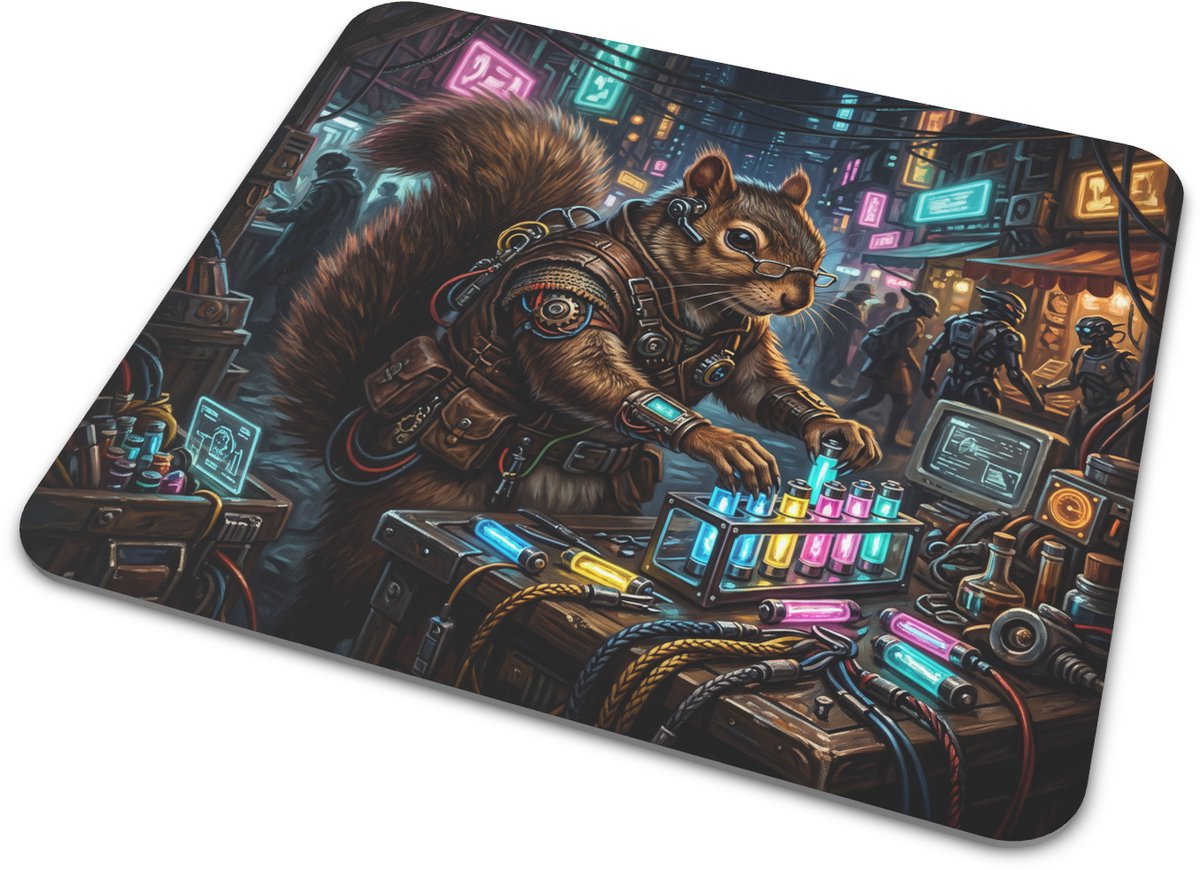 Muismat Cyberpunk Eekhoorn Batterijhandelaar Schattige Eekhoorn met Bril en Neon Energiecellen Kleurrijke Muismat voor Werkplek en Thuiswerk 22x20 cm
