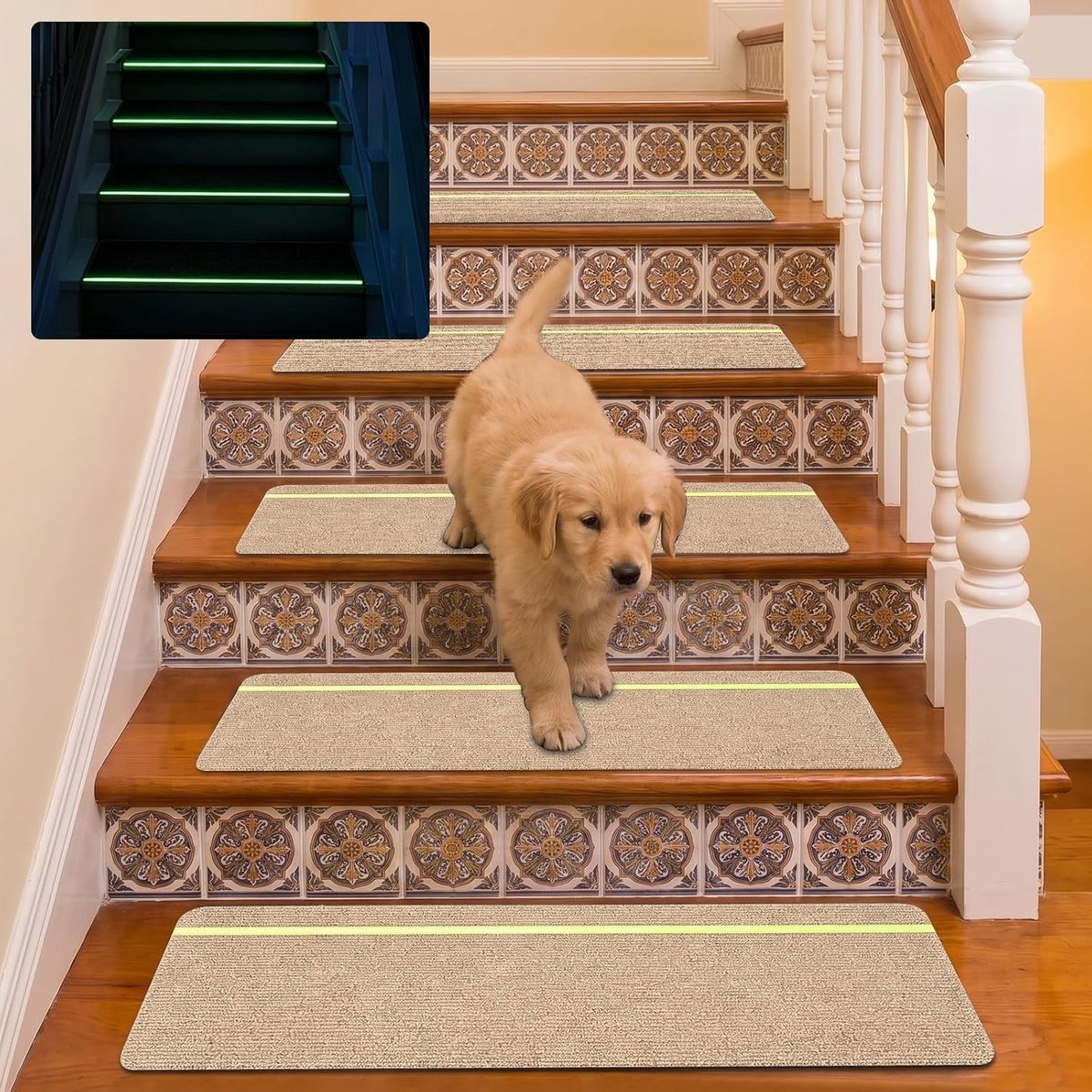 Trapmatten met Glow Dark strepen - 15 stuks zelfklevend traptapijt voor houten trappen, 76 x 20 cm, veilig voor kinderen en ouderen, TPE-achterkant, 100% polyester, antislip en comfortabel
