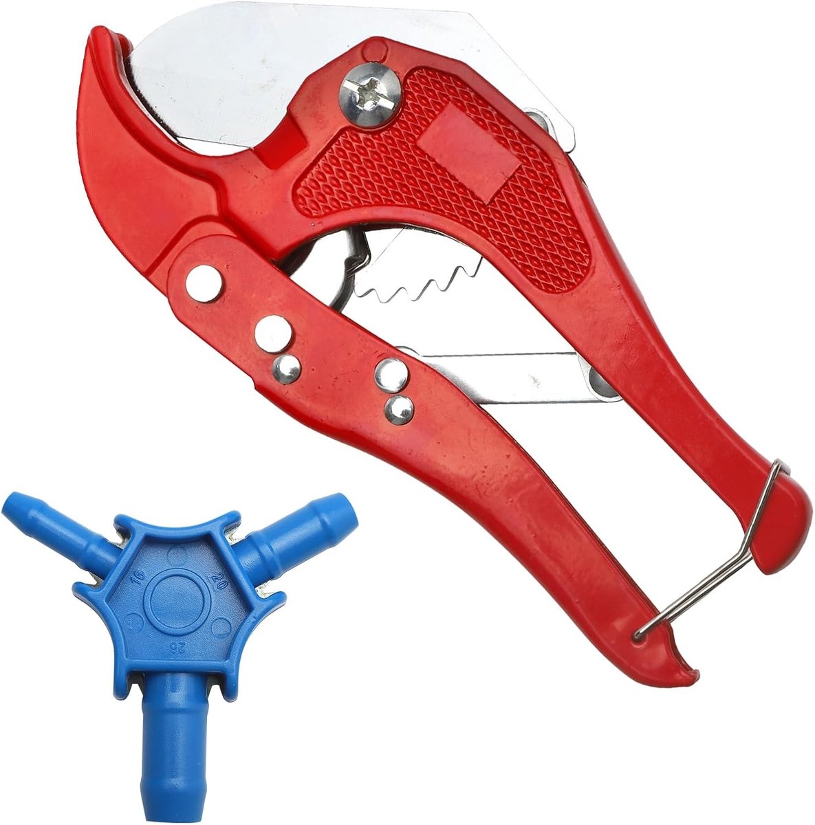 Professionele pijpensnijder voor kunststof en meerlaagse buizen met calibrator tot 42 mm, ideaal voor PVC en rubberen slangen