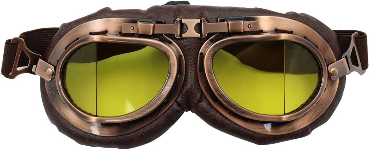 Vintage Steampunk Vliegende Zonnebril voor Motorfiets en Cosplay Kostuum met Gele Lensen, Retro Pilotenstijl voor Mannen en Vrouwen