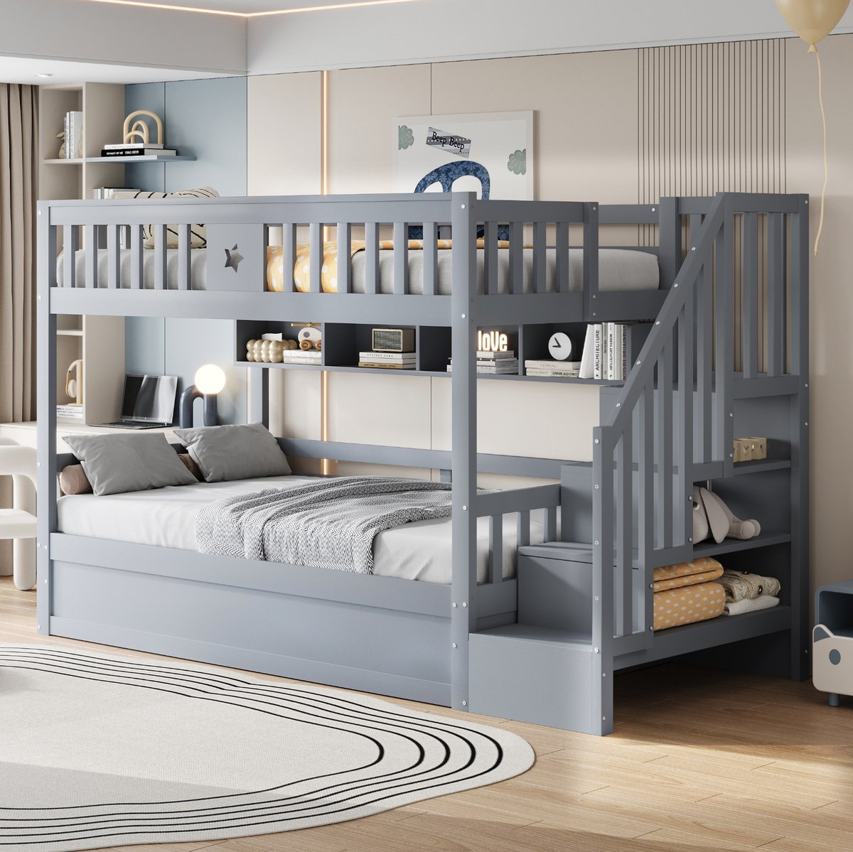 COVREO Stapelbed met hydraulische opbergruimte – 90x200 cm – Hoogslaper met trap en opbergvakken – Bed voor kinderkamer met veiligheidshek – Grijs - zonder matras