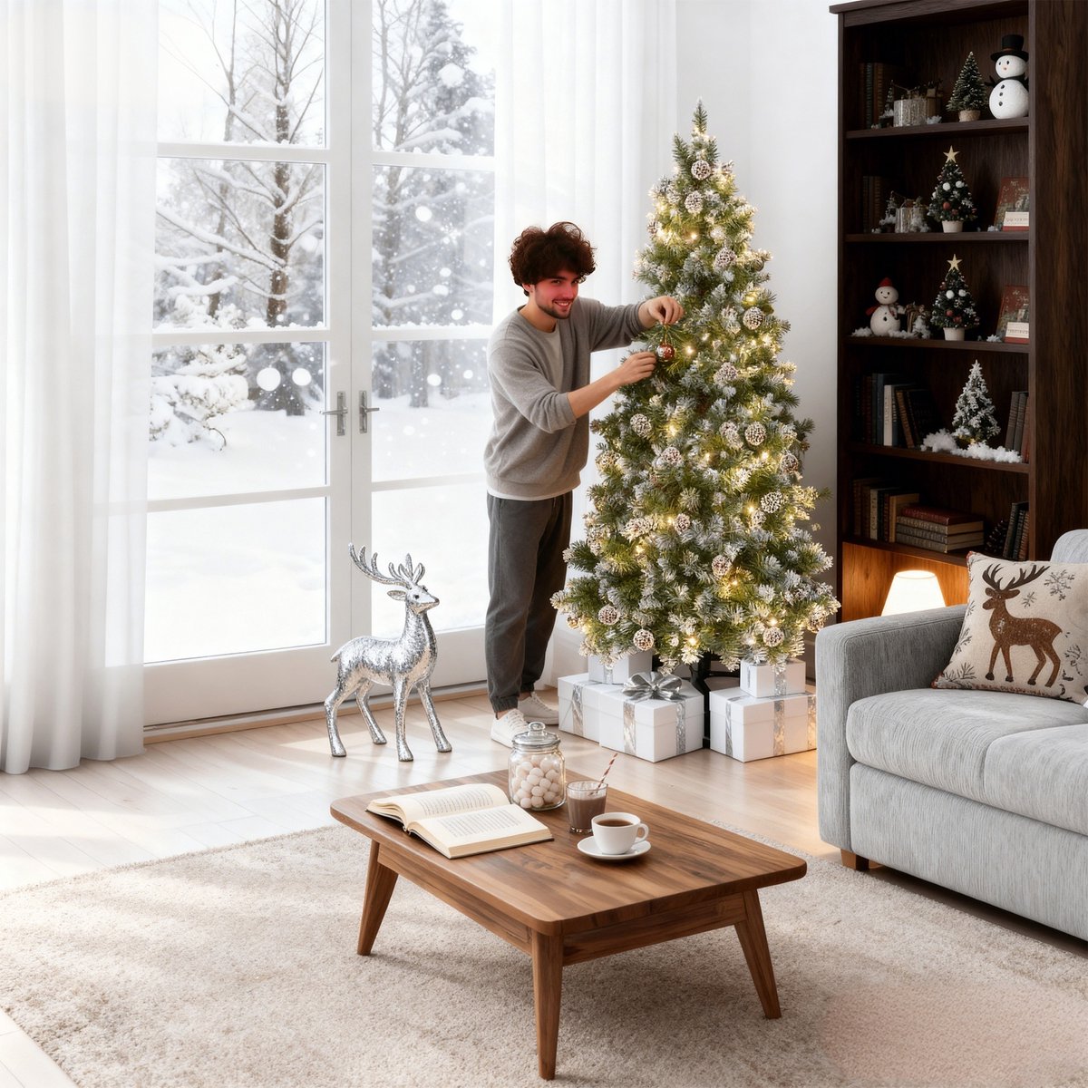 Kunstkerstboom 180 cm met LED Verlichting - Brandvertragend PVC - met Sneeuw en Dennenappels - Metalen Voet - Kerstdecoratie voor Huis en Etalage - NAIZY – foto 7