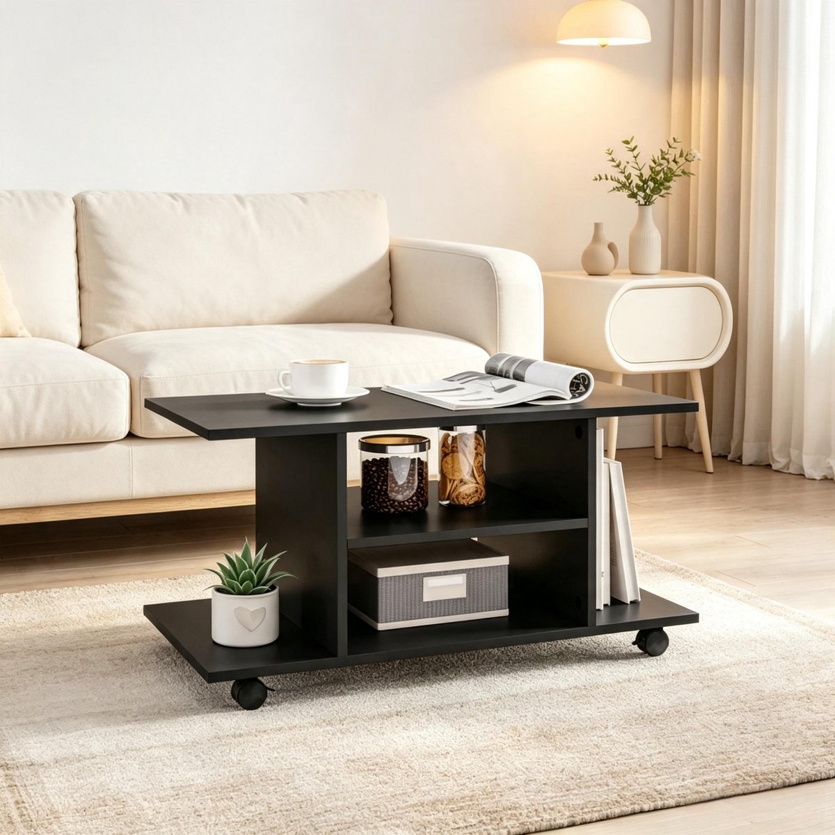 REDOM - TV meubel - Bovenblad en open vakken - 4 zwenkwielen met rem - Spaanplaat met melamine coating - Woonkamer en slaapkamer - Zwart - 80 x 40 x 40 cm