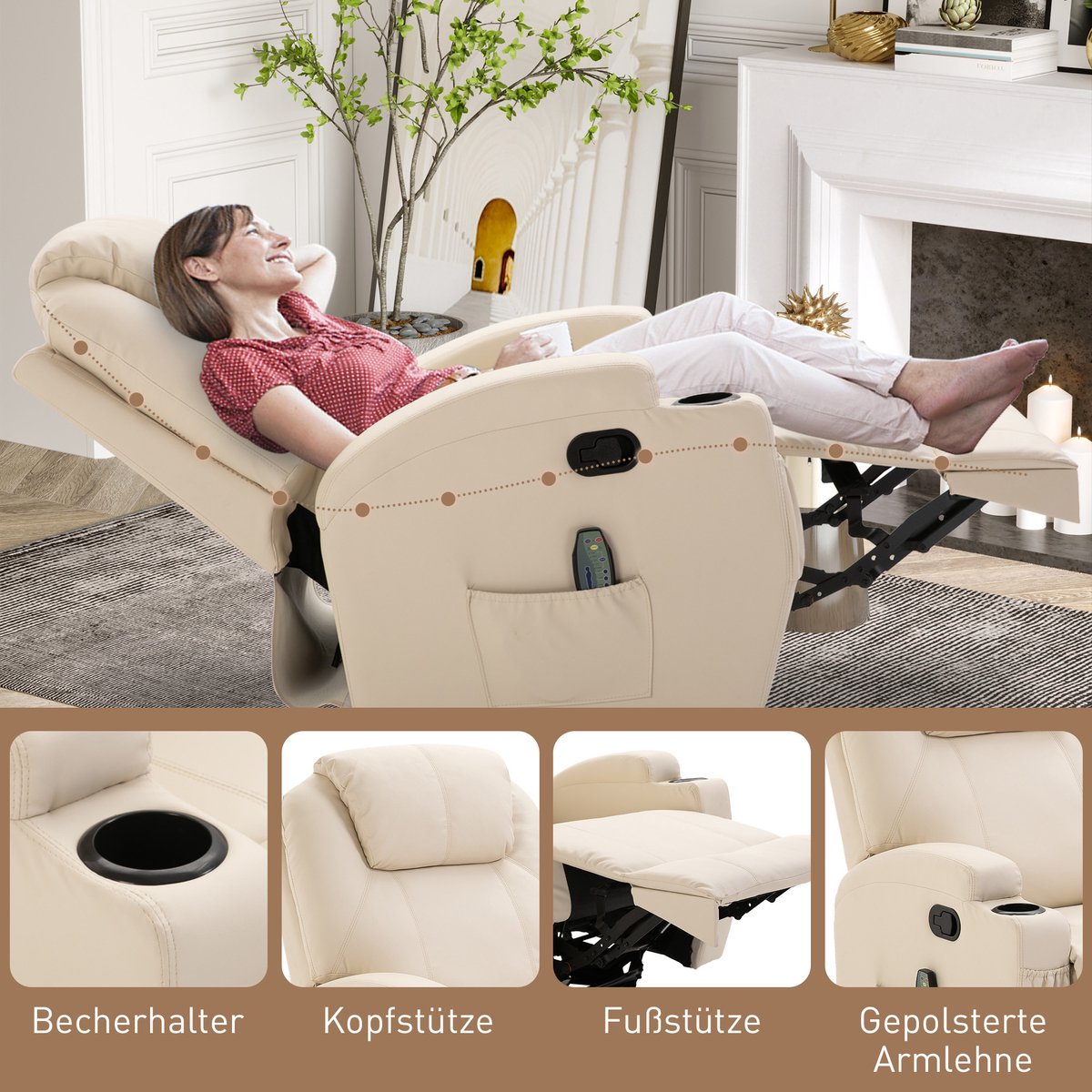 HOMCOM Massagestoel met ligfunctie Creme - afbeelding 2