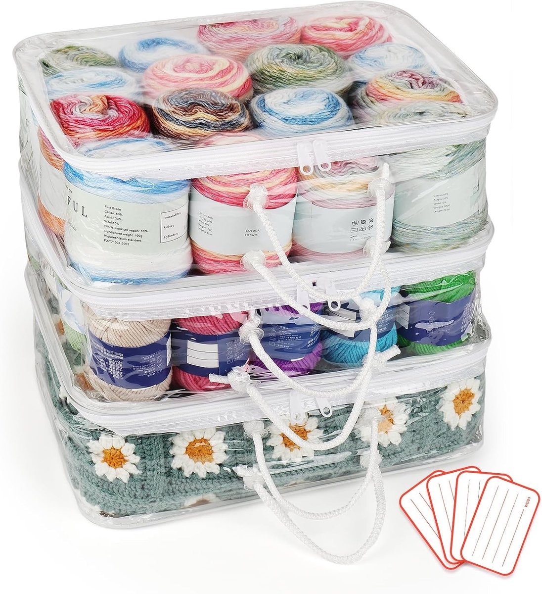 Transparante Garneeropslag Organizer, 3 Stuks Grote Wolopslag Tas (40 x 30 x 15 cm), Draagbare Waterdichte Knitting Organizer met Handvat en 4 Labels voor Efficiënte Ruimtebesparing