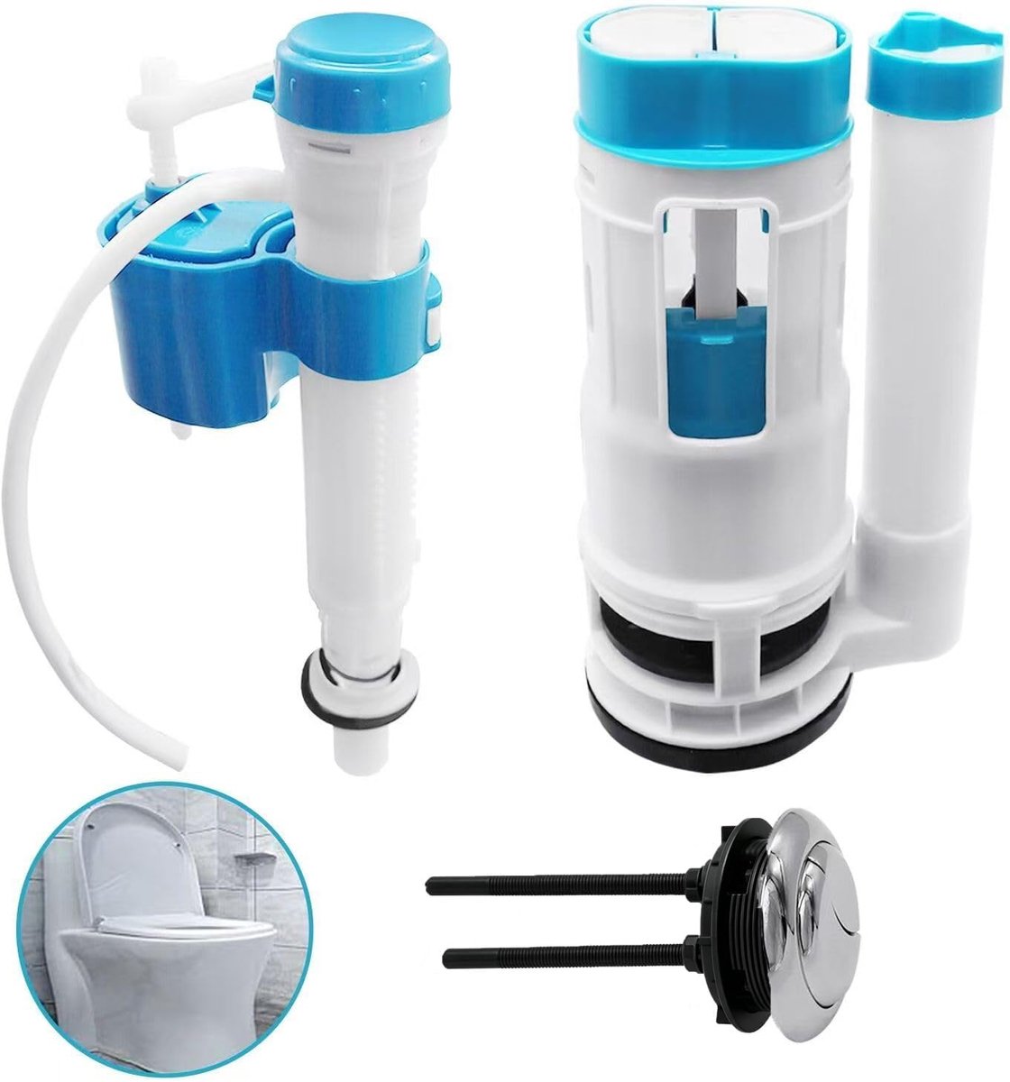 Double Flush Toilet Cistern Kit met Drukknop, Verstelbare Vulklep voor Badkamer, Geschikt voor Tankdiepte 21-26 cm, Inclusief 3 Onderdelen
