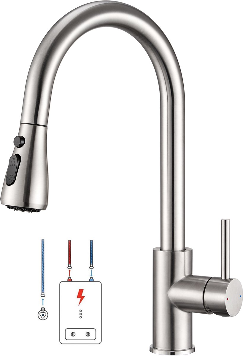 CECIPA Max Lage Druk Uittrekbare Keukenkraan - Keukenkraan met Uittrekbare Uitloop - Handdouche - 3 Waterstraalsoorten - Keukenmengkraan - Geborsteld Zilver
