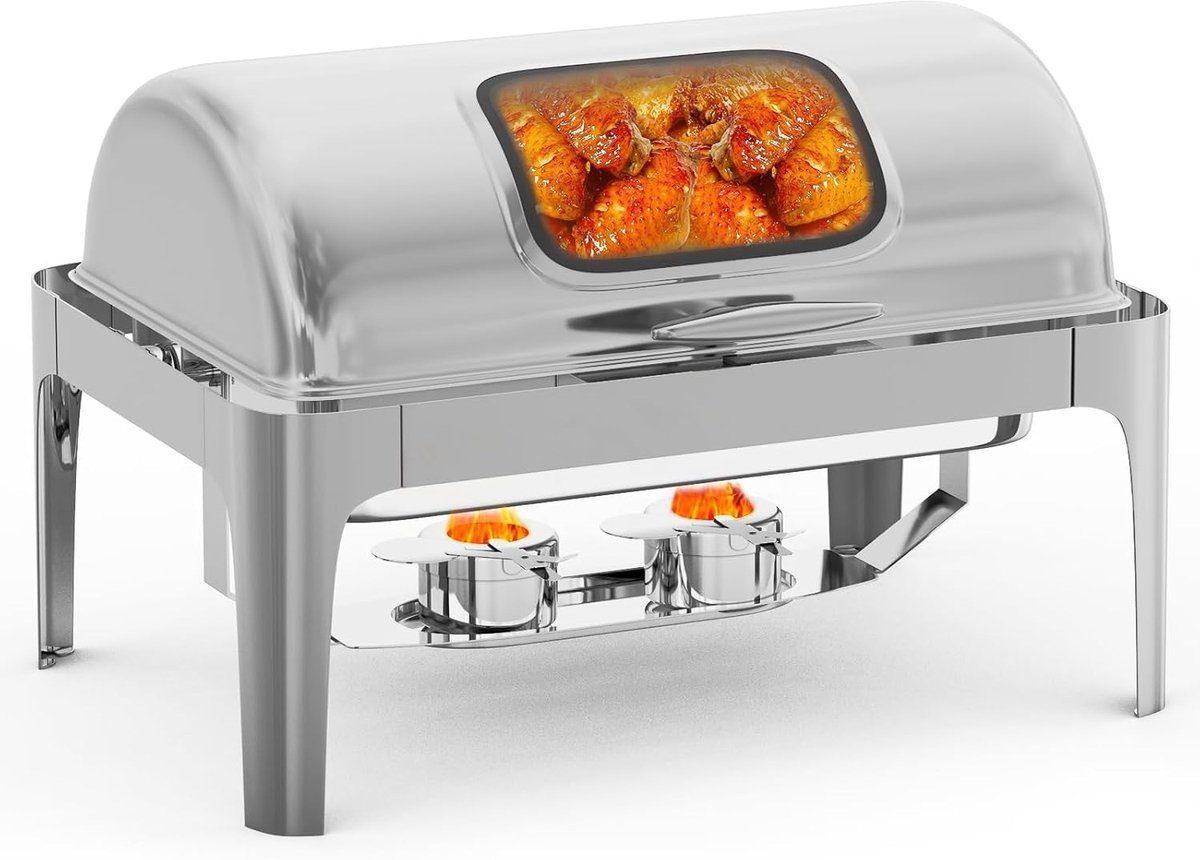 Elektrische Chafing Dish met Touchscreen & Glazen Kijkvenster - 9 Liter (GN 1/1) - RVS Buffet Warmhouder met 180° Roldeksel - Digitale Temperatuurregeling voor Catering, Hotel & Feesten - Zilver