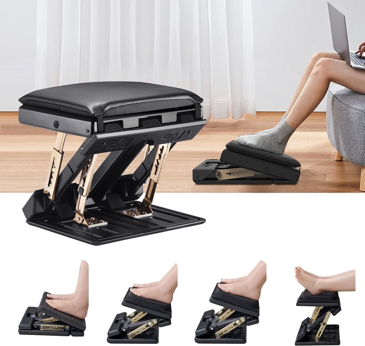 Ergonomische voetensteun voor kantoor met massagefunctie, 4 hoogtes en zachte matten voor optimale ondersteuning van rug, knieën en voeten