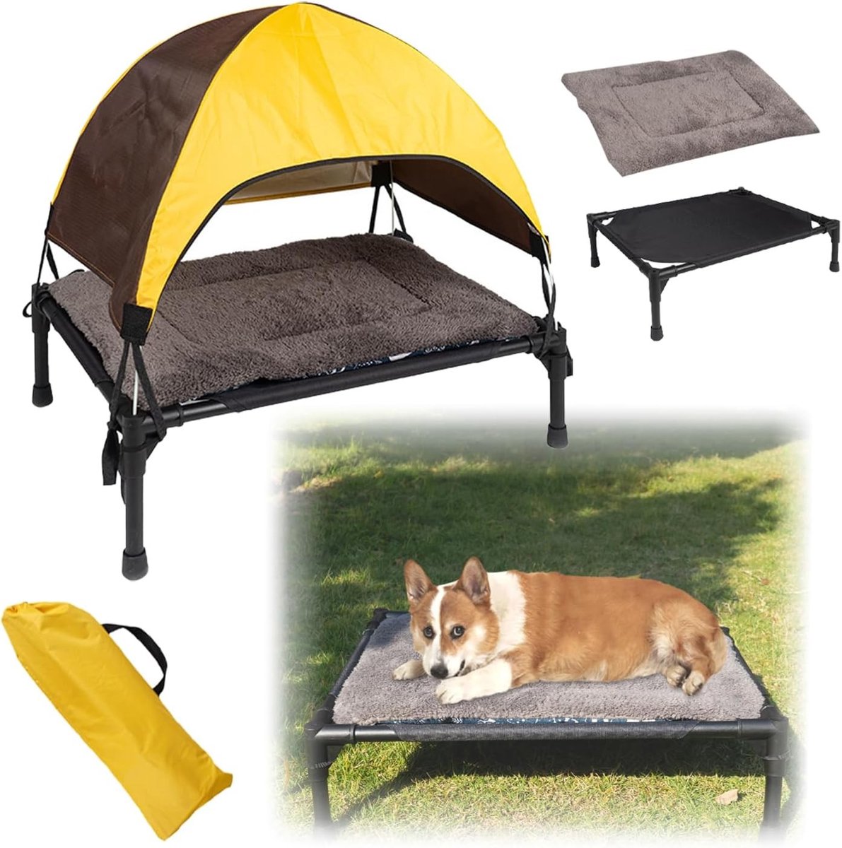 Vouwbaar hondenbed met dak, antislipvoeten, 43 x 55 cm, inclusief schaduw, hoes en opbergtas voor camping, tuin en strand