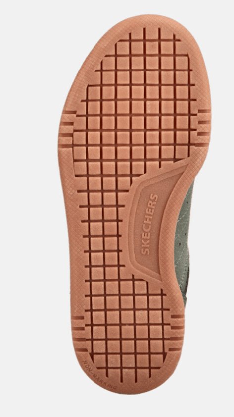 Onderkant van een groene Skechers hoge sneaker met bruine zool en profiel.