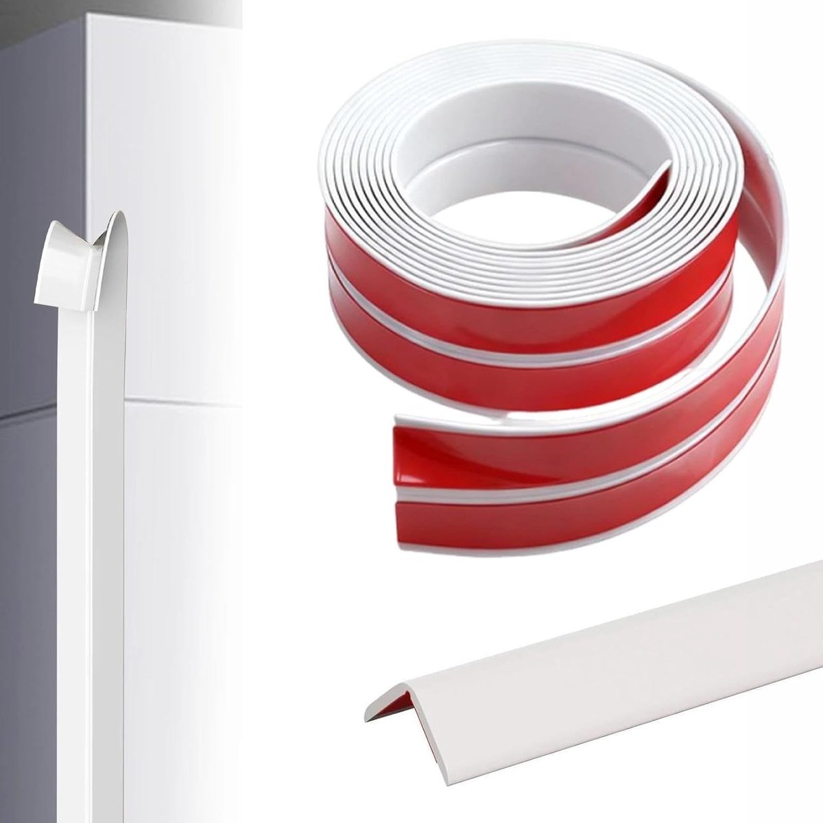 Decoratieve hoekbescherming zelfklevend in wit, flexibele plint 2cm x 10m, waterdicht en eenvoudig te snijden voor deuren, ramen, muren en tegels.
