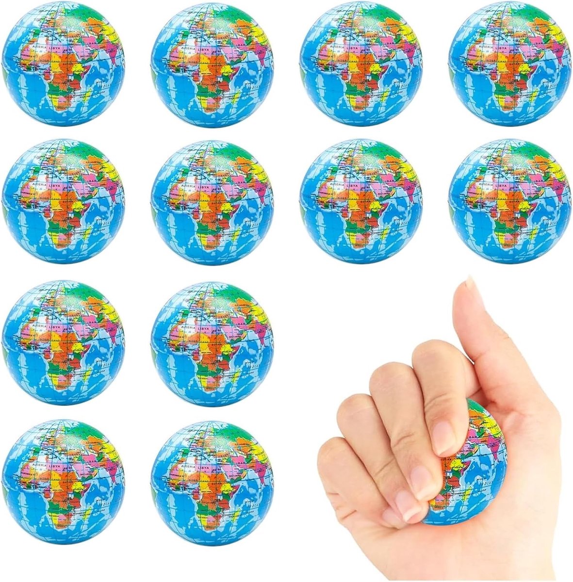 Set van 12 Anti-Stress Speelballen met Globe Patroon - Stressverlichting Speelgoed voor Kinderen en Volwassenen, Perfect als Cadeau voor Verjaardagen en Feestjes