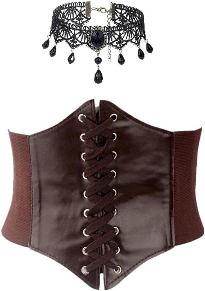 Gothic Korset Set voor Vrouwen met Medaillon en Kraag, Middeleeuwse Piraten Kostuum, Bruin, Kant Accessoires