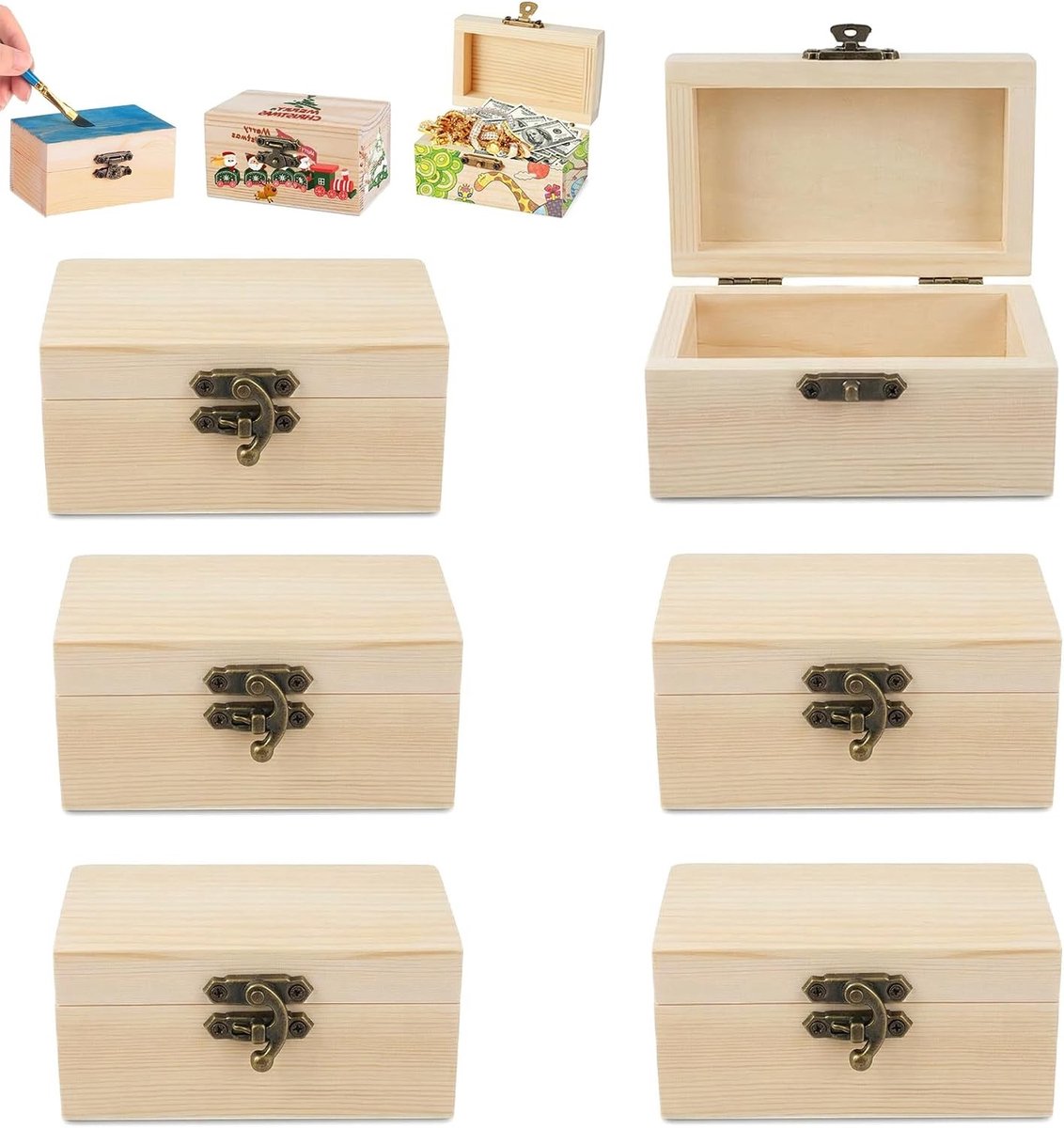 Kleine houten kistjes met deksel, set van 6, ideaal om te beschilderen, knutselen en als opbergdoos te gebruiken, 9 x 5,5 x 5 cm