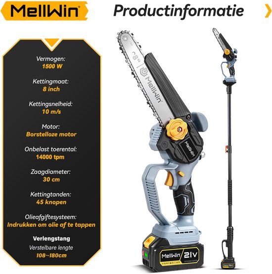 MellWin Mini Kettingzaag + Telescopische Steel - Accu Hoogsnoeier - met 2x Accu's - max. bereik tot 2.3 m - Borstelloze Takkenzaag - voor boomtakken, houtzagen — afbeelding 2