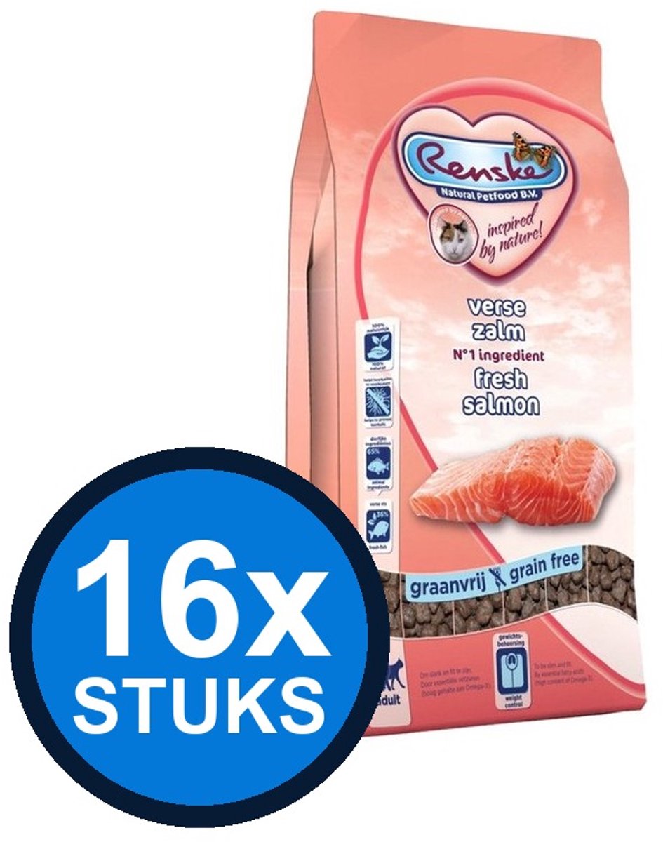 16x Renske - Super Premium droog kat adult zalm 400gr - Kattenvoer - 400 g
