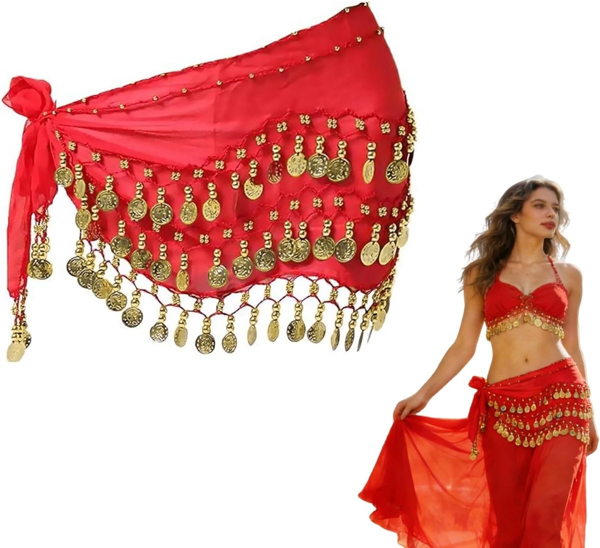 Belly Dance Kostuum met 98 Munten - Chiffon Heupdoek en Rok voor Vrouwelijke Dansers - Rood, One Size, Perfect voor Oriëntaalse Dans en Feestjes