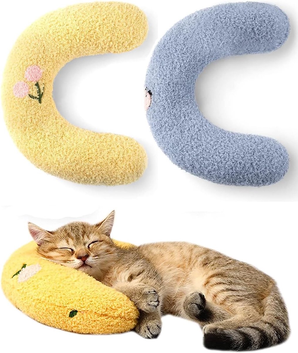 Zachte en Wasbare Katkussens van Pluche - U-vormig Kussen voor Slapen, Rust en Spelen met Catnip en Fluffy Design, Set van 2