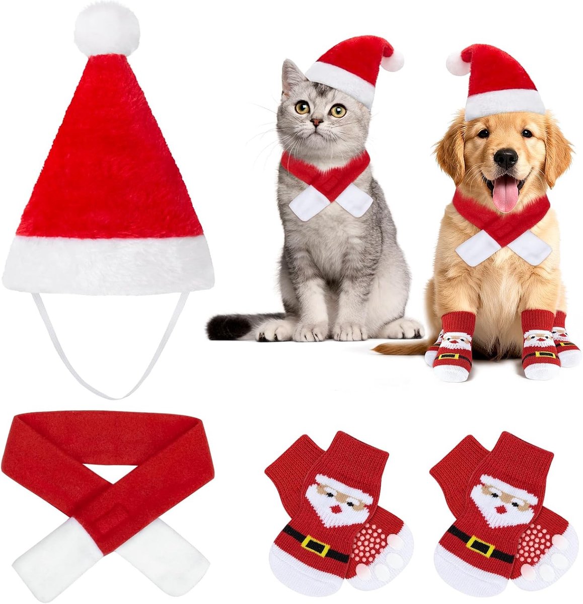 3-delige Kerstkostuum voor Katten en Honden met Santa Hoed, Rode Sjaal en Dierensokken voor Kleine Honden en Katten